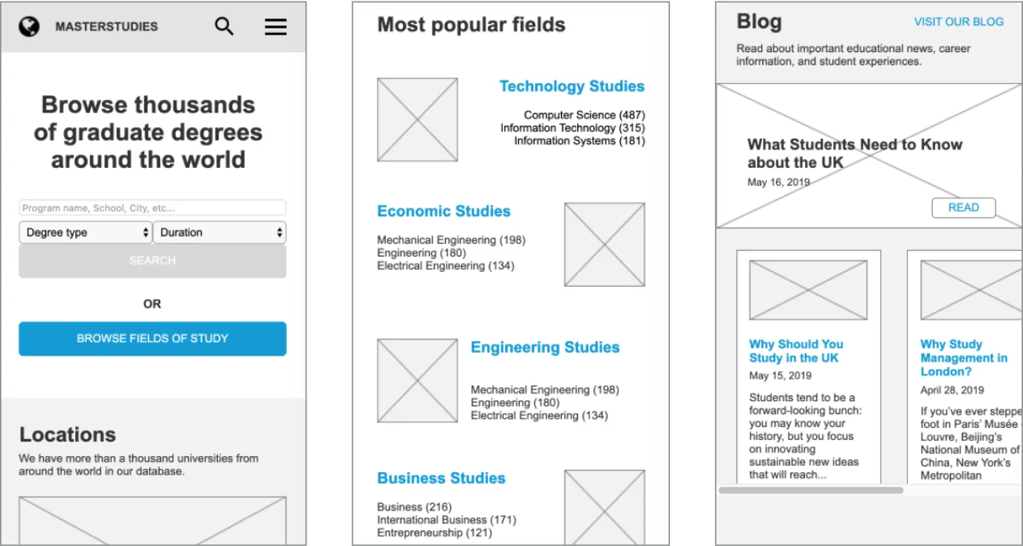 Early design sketches for the mobile version of the website.