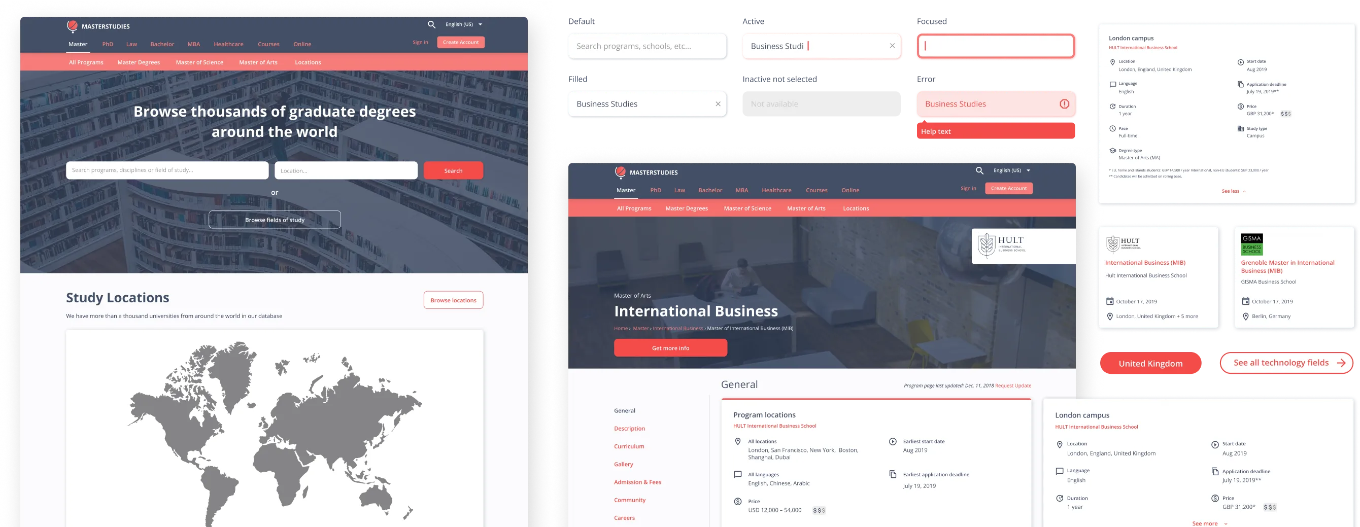 A collage of the final designs featuring the main page and other UI elements, like filtering and search results.