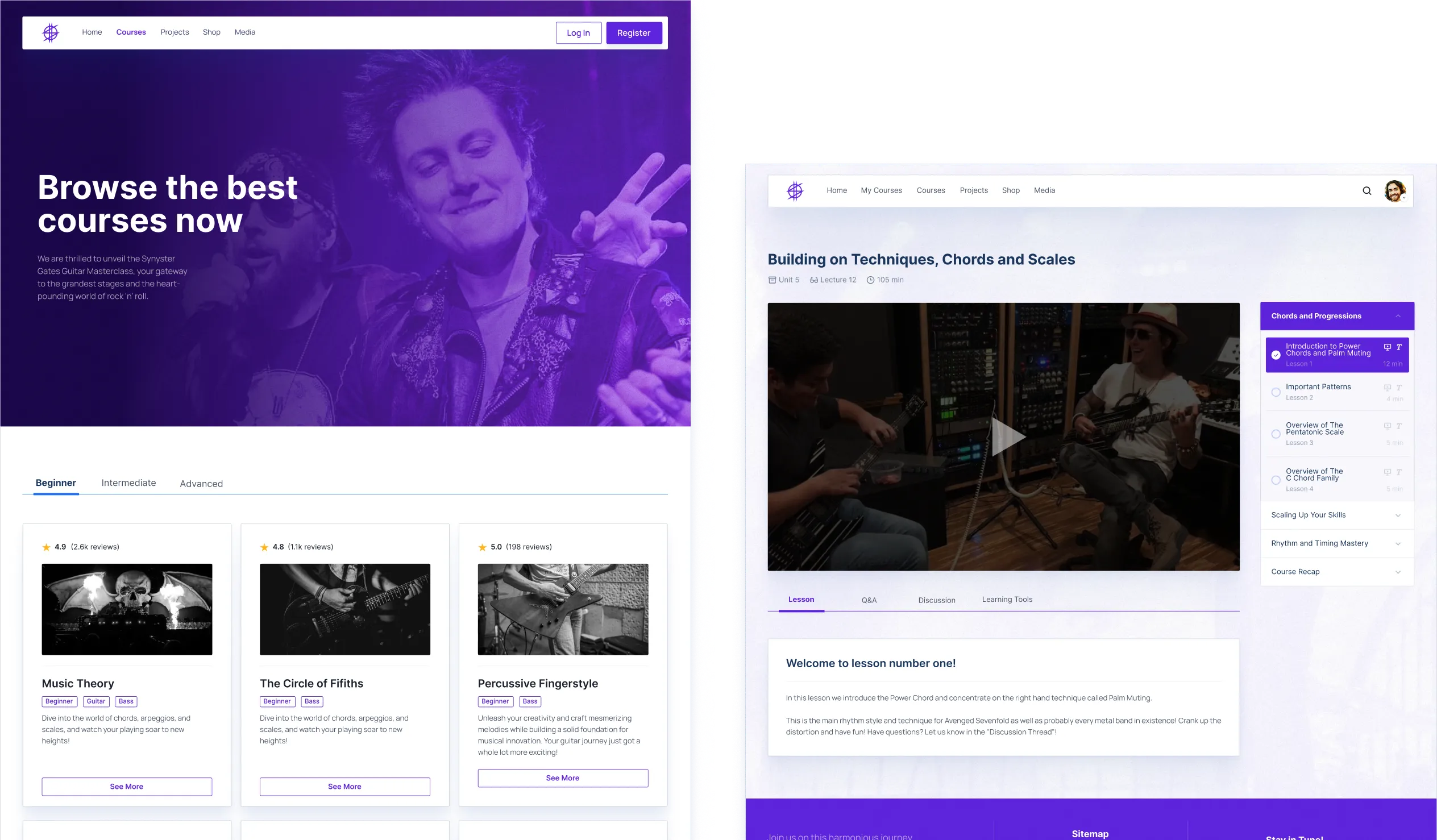 Example of a fictional website where is displayed in two screens the courses that website offers and, in the second one, the specific information about a guitar course.