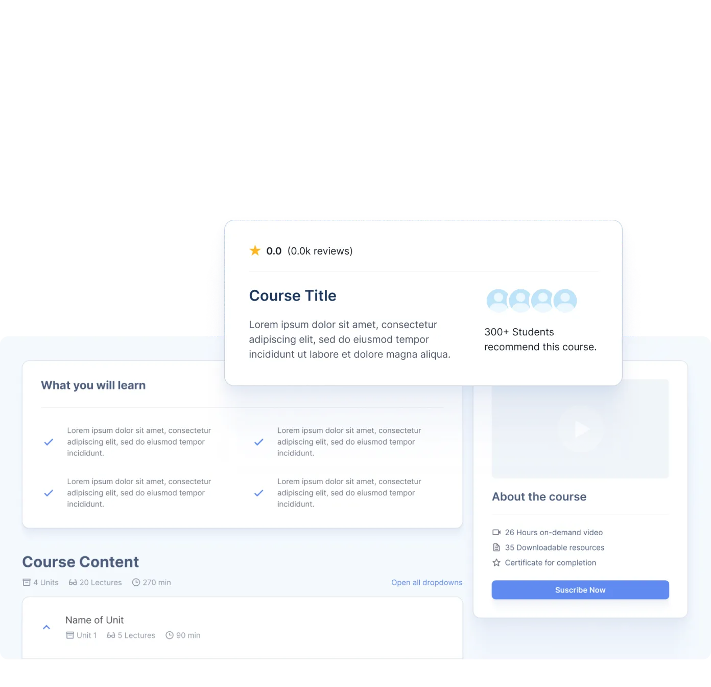 Card elements used in the WebApp showcasing information about the course such as, title, content and duration.