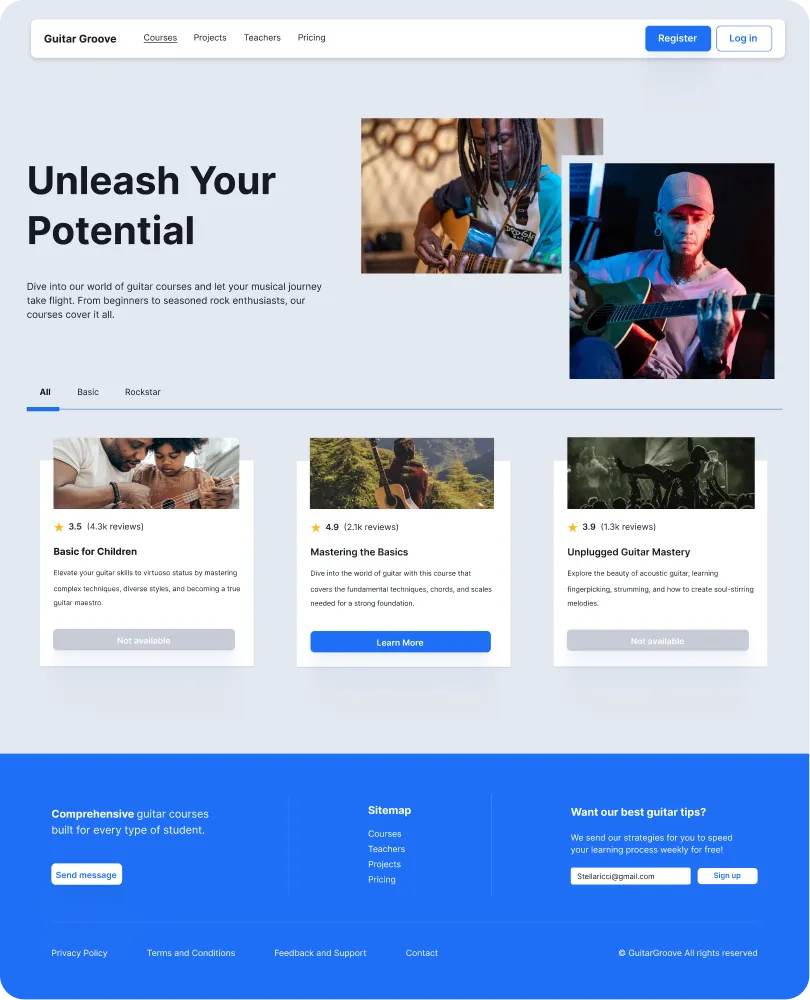 Page with the different type of courses offered in a fictional guitar related website.