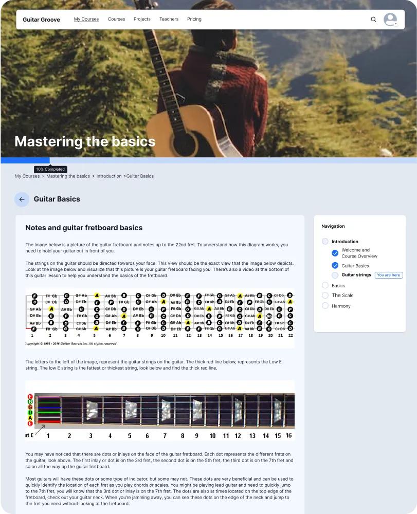 Page of a specific lesson of a Guitar course where is displayed the progress the student has.
