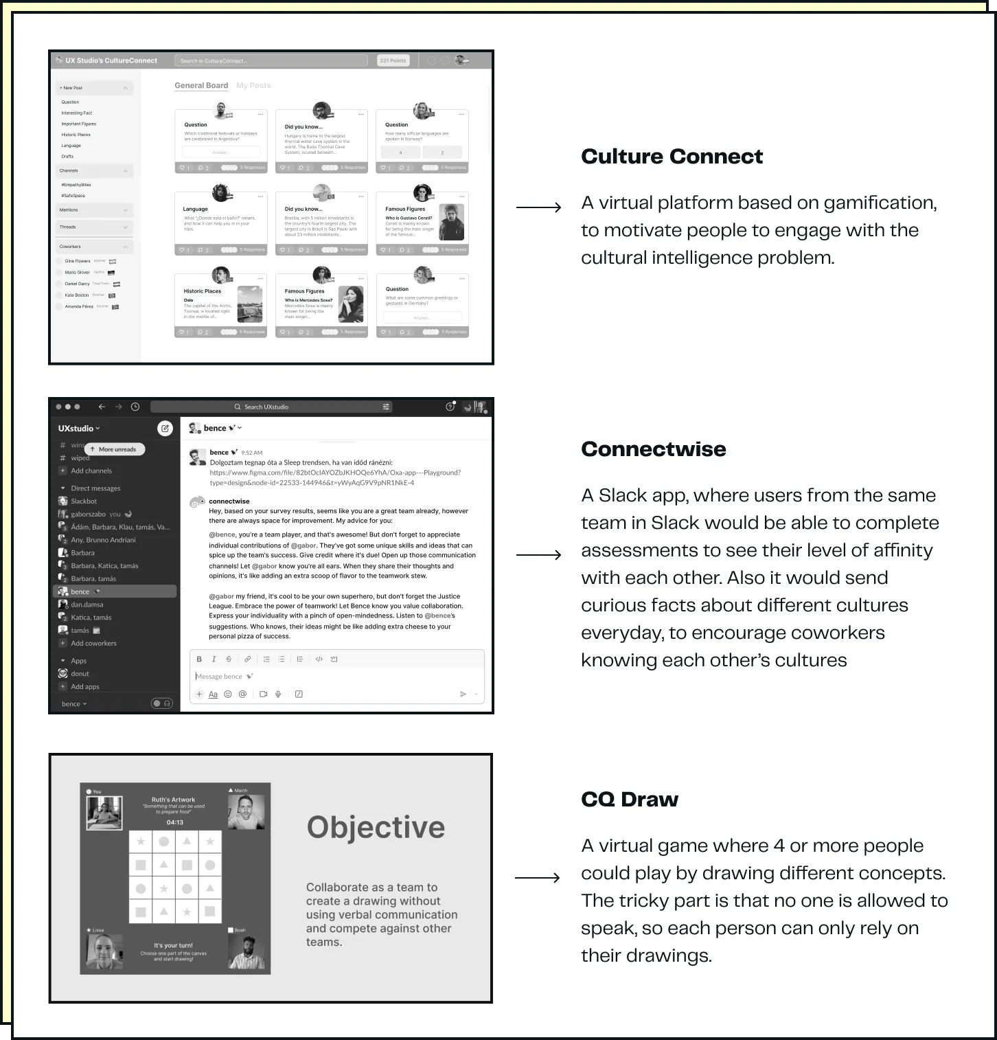 3 proposals we came up with: Culture Connect, Connectwise, and CQ Draw.
