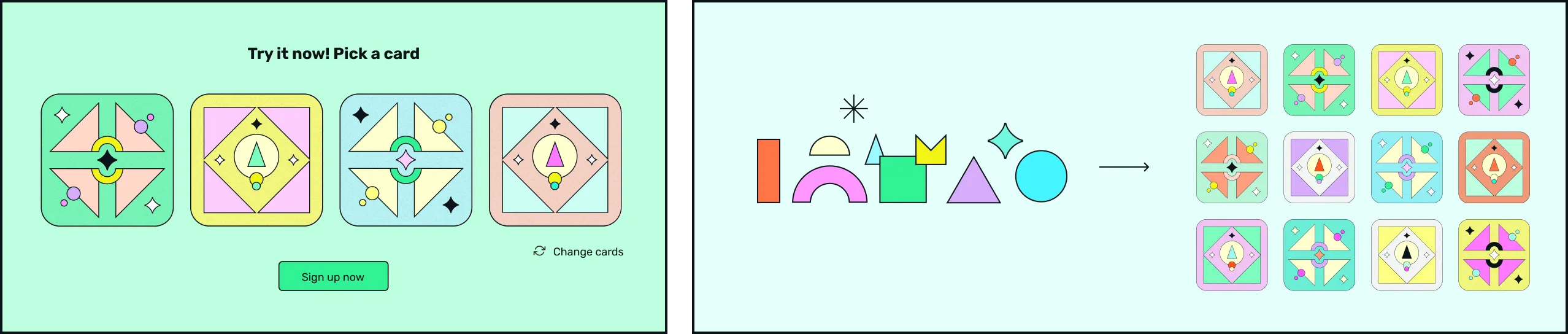 Visual illustration of the unique card designs and how they make a quilt.